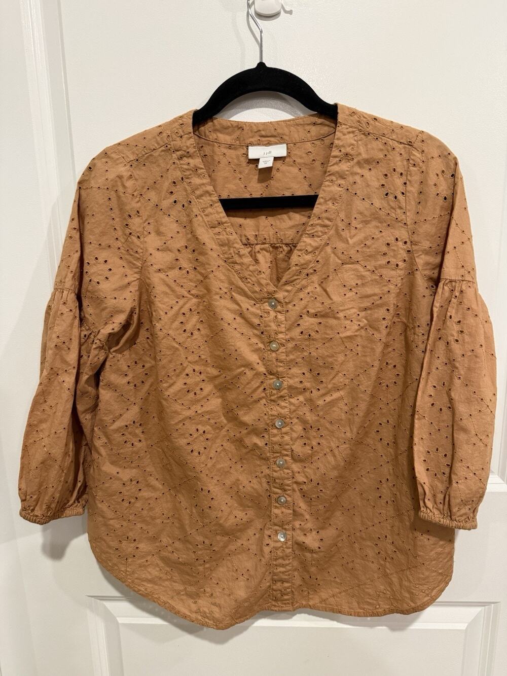 J Jill Eyelet Blouse Size XSmall Brown Cotton Button Front Boho Peasant Top